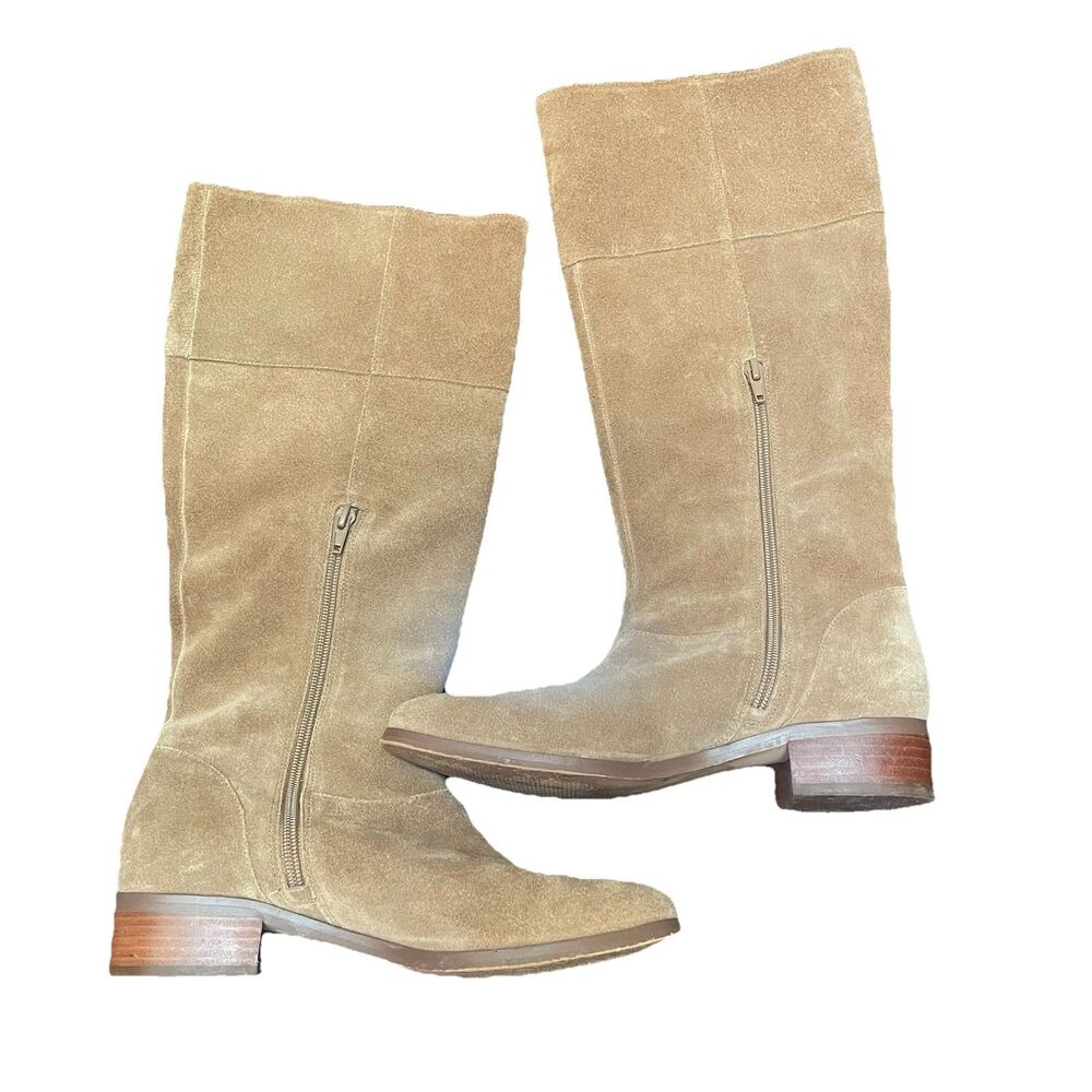 Sole Society Carlie Tall Suede Boots 8.5 Tan Beige Block Heel Casual Preppy Boho